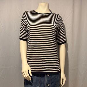 80s Stripe Top 100% Silk Fine Knit Short Sleeve Navy Stripe Preppy Nautical